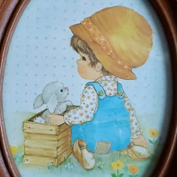 VINTAGE PAIR OF OVAL PORTRAITS BOY AND GIRL WALL DECOR PICTURES Puppies Overalls - Picture 7 of 8